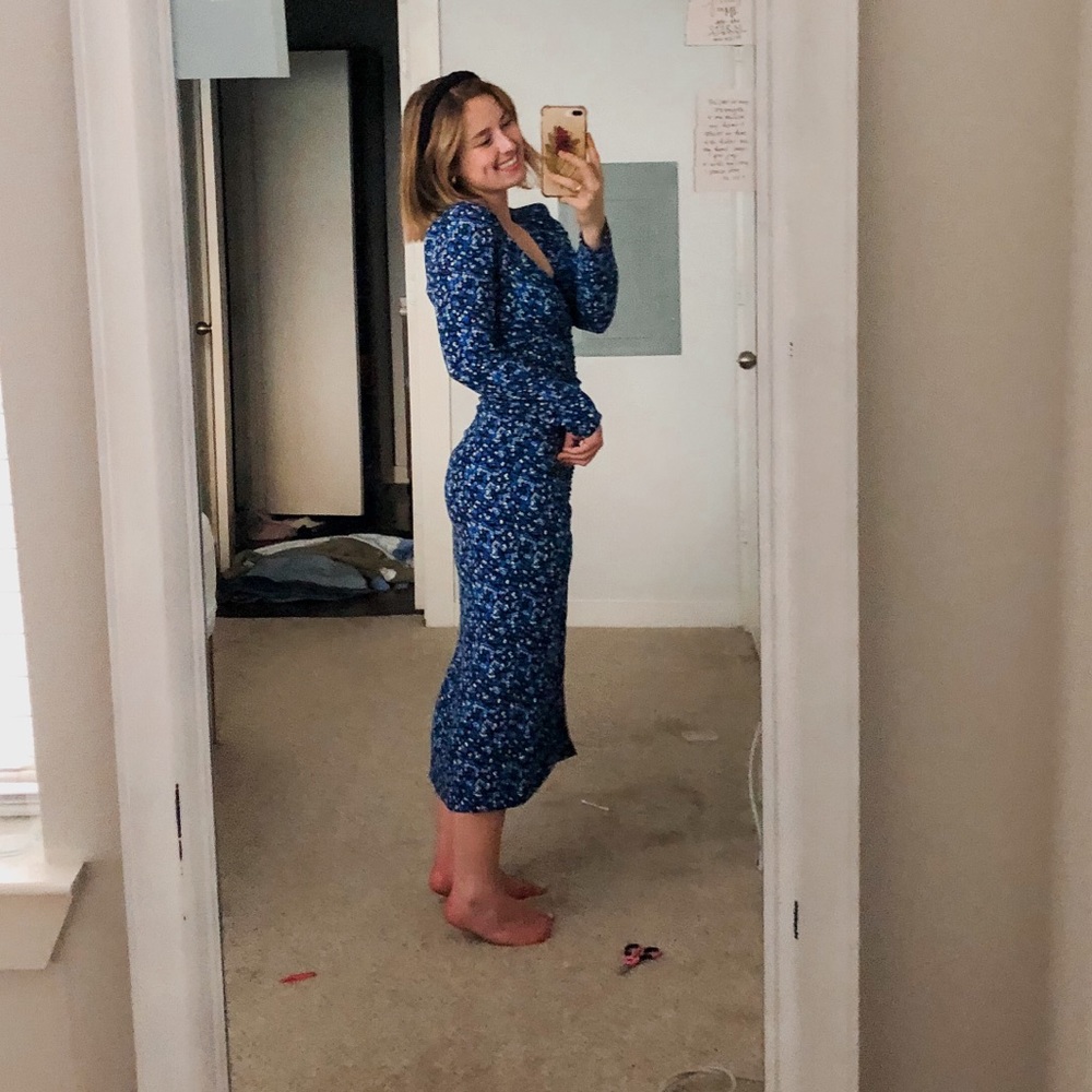 ZARA MIDI floral long sleeve blue dress